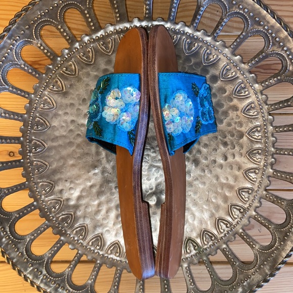 NEW! Turquoise Floral Beaded Embellished Sequined Slides Sandals Flats Size 5 - Picture 7 of 14